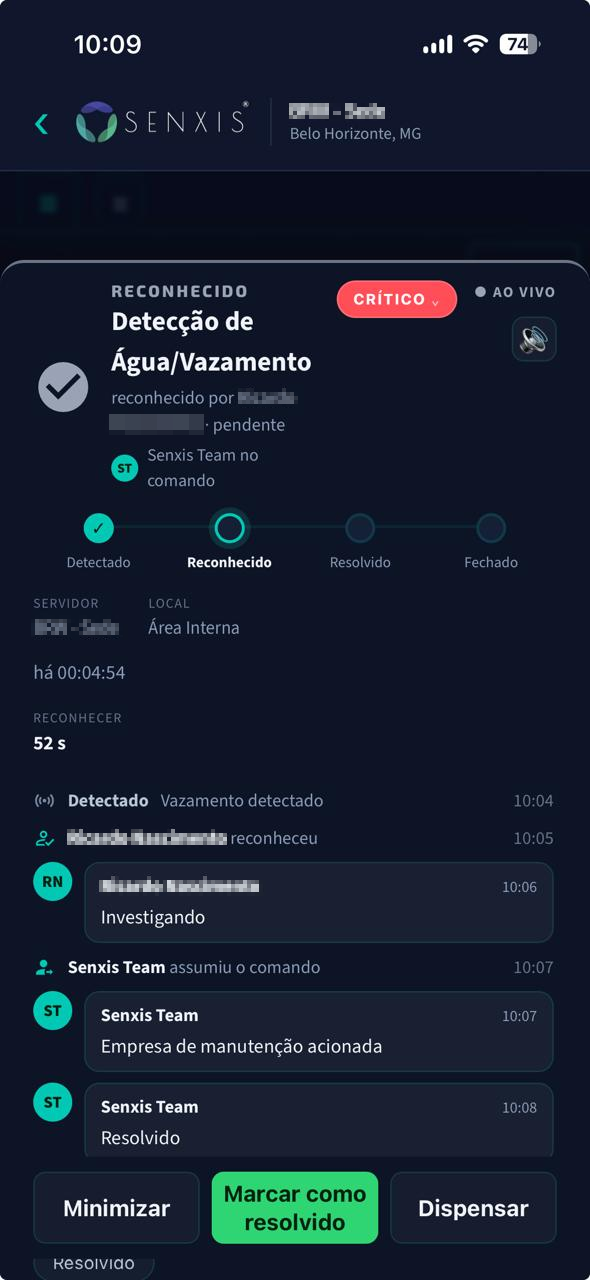 Aplicativo Senxis no celular: evento crítico de vazamento reconhecido, com linha do tempo das ações e tempo de resposta